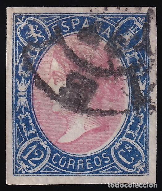 Sellos: ESPA&Ntilde;A, 1865 EDIFIL N&ordm; 70, 12 cu. Azul y rosa. [Mat. Rueda de Carreta.]