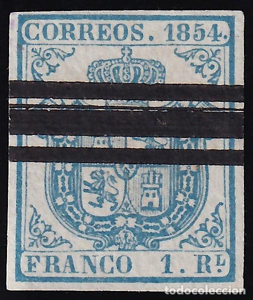 Sellos: ESPA&Ntilde;A, 1854 EDIFIL N&ordm; 34AS (*), 1 r. azul claro.
