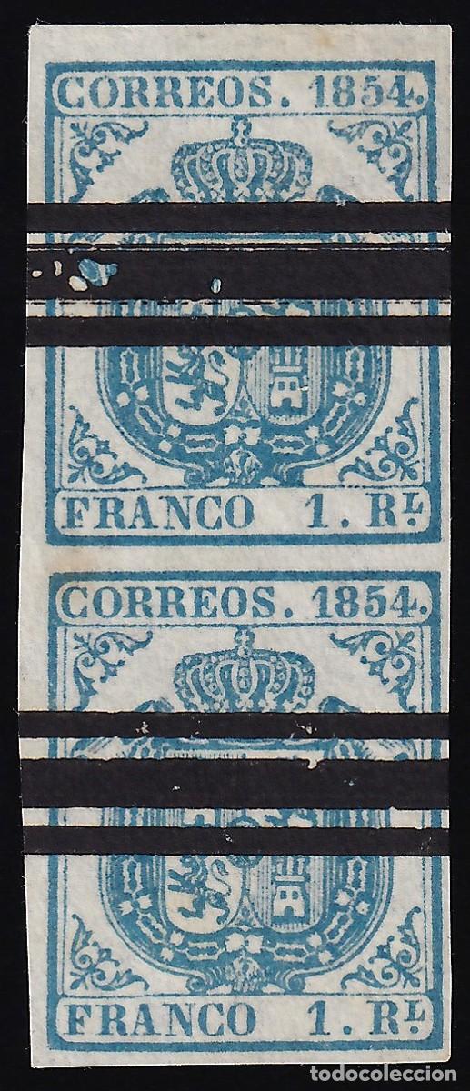 Sellos: ESPA&Ntilde;A, 1854 EDIFIL N&ordm; 34AS (*), 1 r. azul claro. [Pareja.]