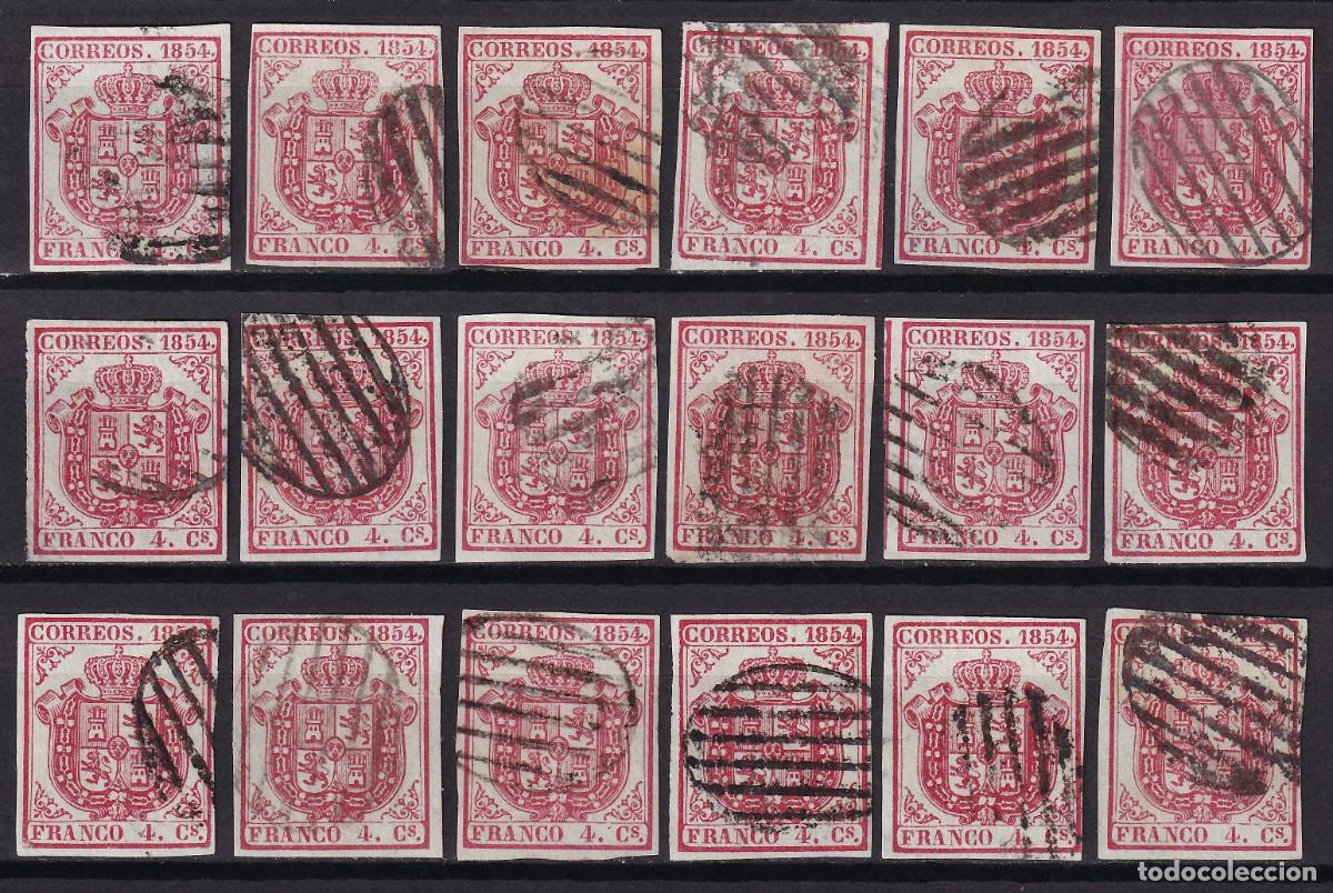 Sellos: ESPA&Ntilde;A, 1854 EDIFIL N&ordm; 33A, 6 cu. carm&iacute;n, [Papel Azul.]