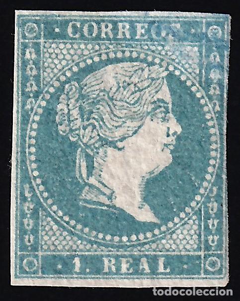 Sellos: ESPA&Ntilde;A, 1855 EDIFIL N&ordm; 45, 1 r. azul. [Papel L&iacute;neas Cruzadas.]