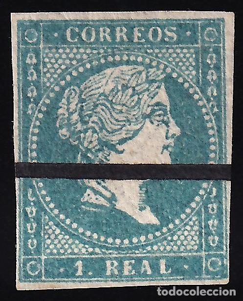 Sellos: ESPA&Ntilde;A, 1855 EDIFIL N&ordm; 45M, 1 r. azul. [Raya horizontal de tinta / MUESTRA.]