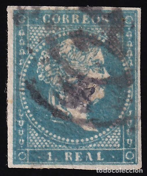 Sellos: ESPA&Ntilde;A, 1855 EDIFIL N&ordm; 45, 1 r. azul. [Papel L&iacute;neas Cruzadas / Mat. Rueda de Carreta.]