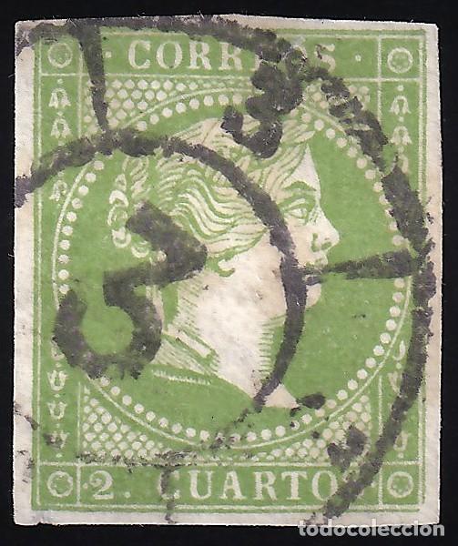 Sellos: ESPA&Ntilde;A, 1855 EDIFIL N&ordm; 47a, 2 cu. verde amarillo, [Mat. Rueda de Carreta 3 / C&aacute;diz.]