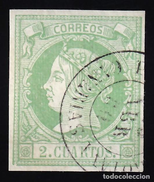 Sellos: ESPA&Ntilde;A, 1860-1861 EDIFIL N&ordm; 51, 2 cu. verde. [Mat. Fechador.]
