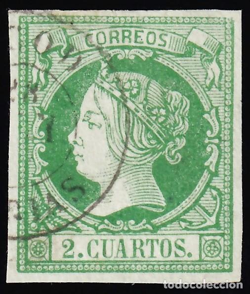 Sellos: ESPA&Ntilde;A, 1860-1861 EDIFIL N&ordm; 51a, 2 cu. verde oscuro, [Mat. Fechador.]