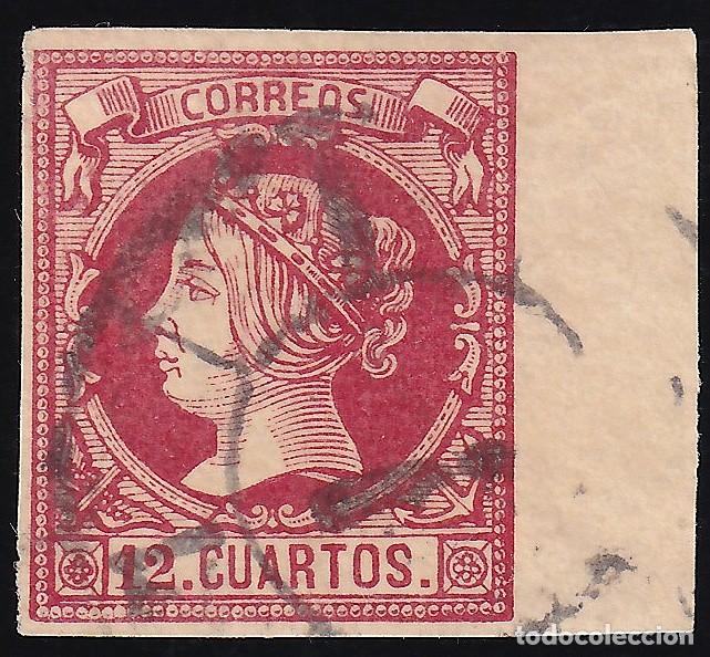 Sellos: ESPA&Ntilde;A, 1860-1861 EDIFIL N&ordm; 53, 12 cu. carm&iacute;n. [Borde de Hoja.]
