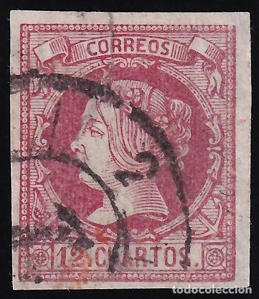 Sellos: ESPA&Ntilde;A, 1860-1861 EDIFIL N&ordm; 53p, 12 cu. carm&iacute;n. [Papel muy delgado.]