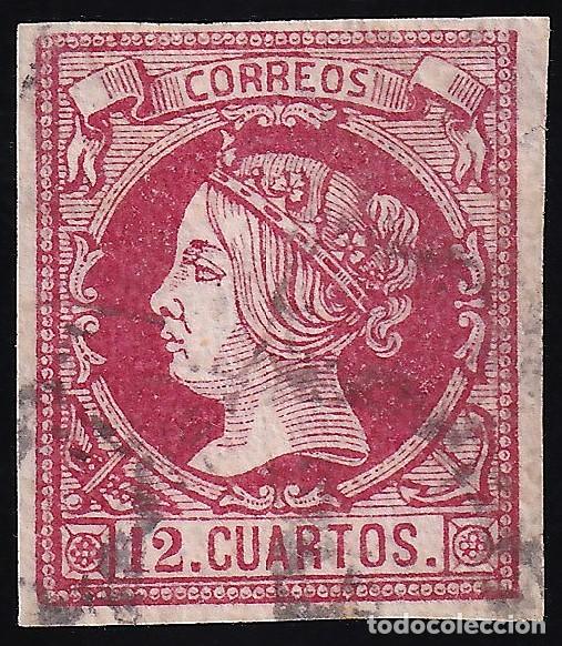 Sellos: ESPA&Ntilde;A, 1860-1861 EDIFIL N&ordm; 53p, 12 cu. carm&iacute;n. [Papel muy delgado.]