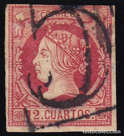 Sellos: ESPA&Ntilde;A, 1860-1861 EDIFIL N&ordm; 53, 12 cu. carm&iacute;n. [Mat. Frances &rdquo;5&rdquo;]