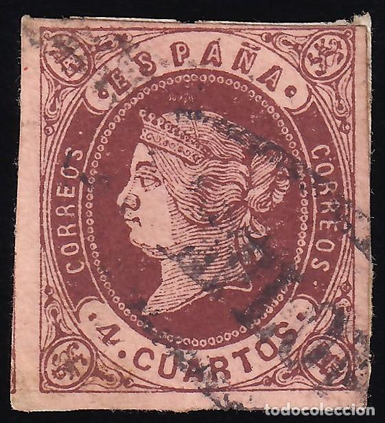 Sellos: ESPA&Ntilde;A, 1862 EDIFIL N&ordm; 58, 4 cu. casta&ntilde;o s. anteado. [Marca Prefilat&eacute;lica &rdquo;PAMPLONA&rdquo;]