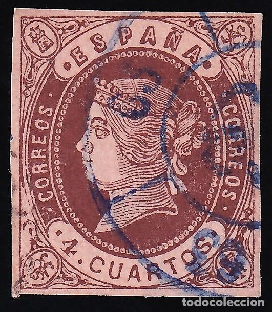 Sellos: ESPA&Ntilde;A, 1862 EDIFIL N&ordm; 58, [Mat. Rueda de Carreta 63 / San Roque. en Azul.]