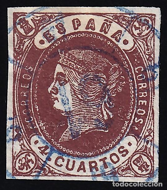 Sellos: ESPA&Ntilde;A, 1862 EDIFIL N&ordm; 58p, papel blanco [Mat. Rueda de Carreta 61 / La Junquera. en Azul.]