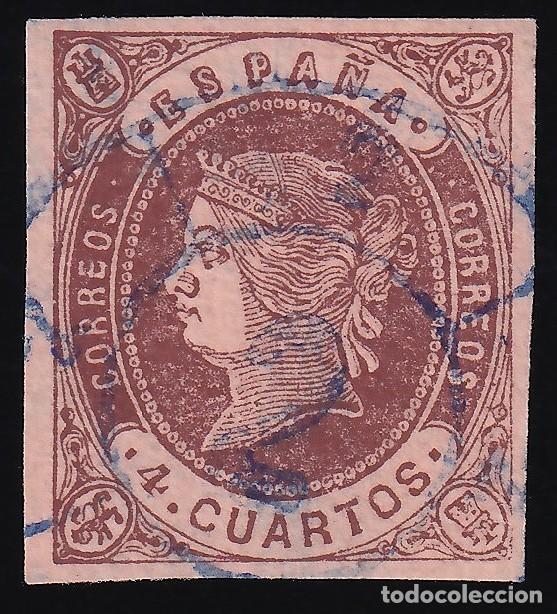 Sellos: ESPA&Ntilde;A, 1862 EDIFIL N&ordm; 58 [Mat. Rueda de Carreta 2 / Barcelona. en Azul.]