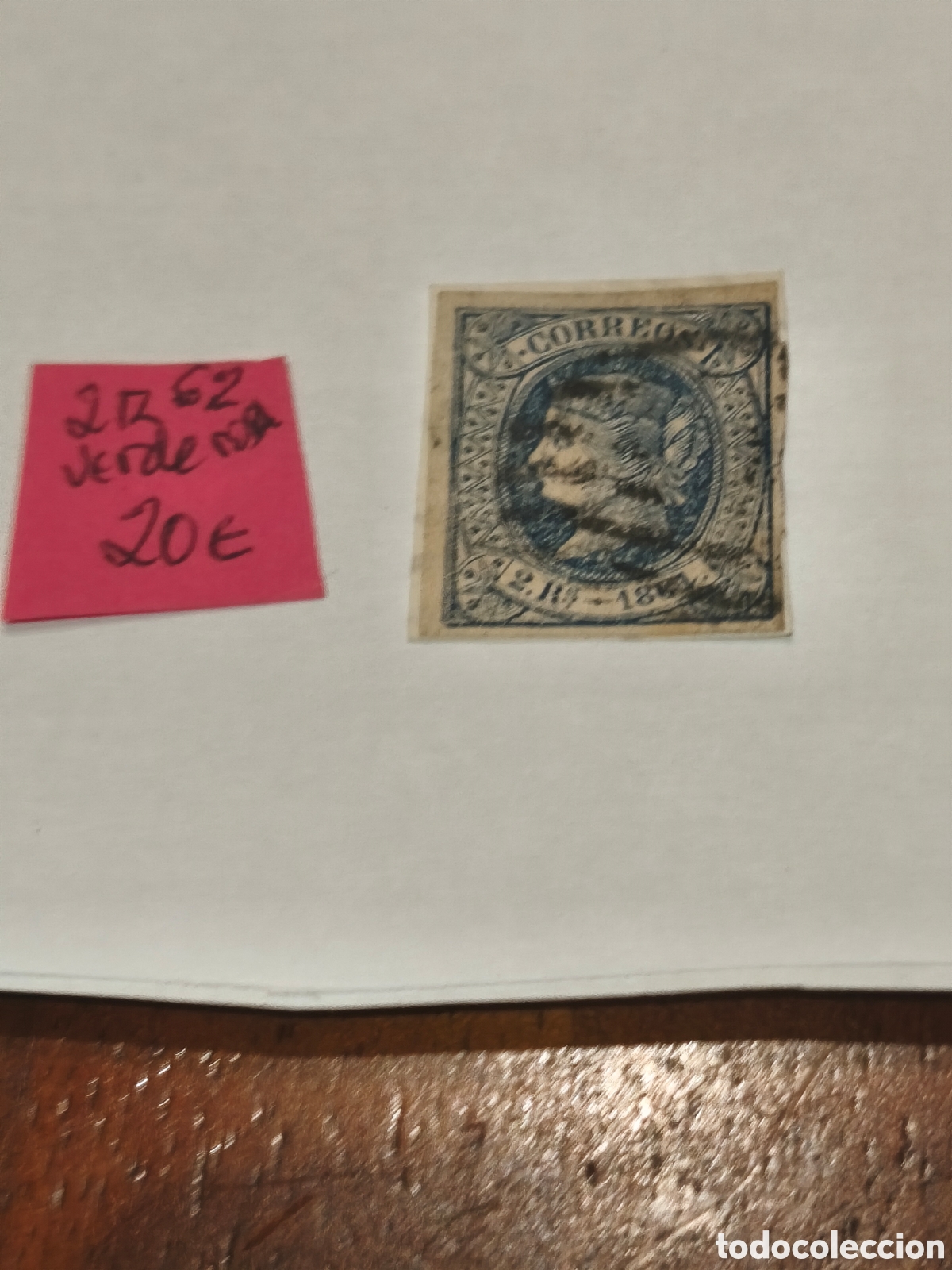 Sellos: Sello cl&aacute;sico de Espa&ntilde;a n 62 usado parrilla negra,sobre fragmento de carta 2 reales verde,ver