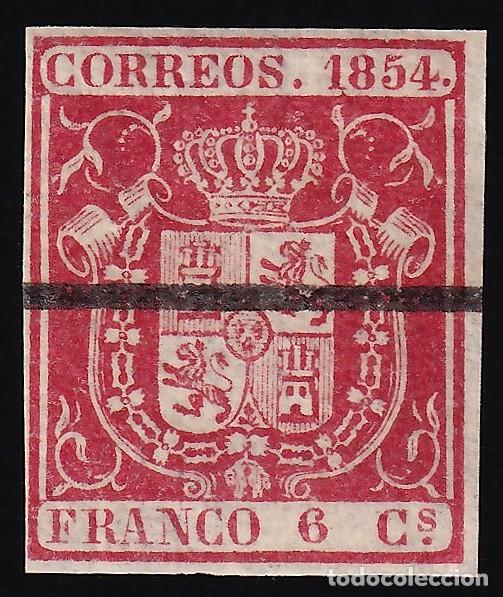 Sellos: ESPA&Ntilde;A, 1854 EDIFIL N&ordm; 24Ma /**/, 6 cu. carm&iacute;n, [raya horizontal, MUESTRA.]