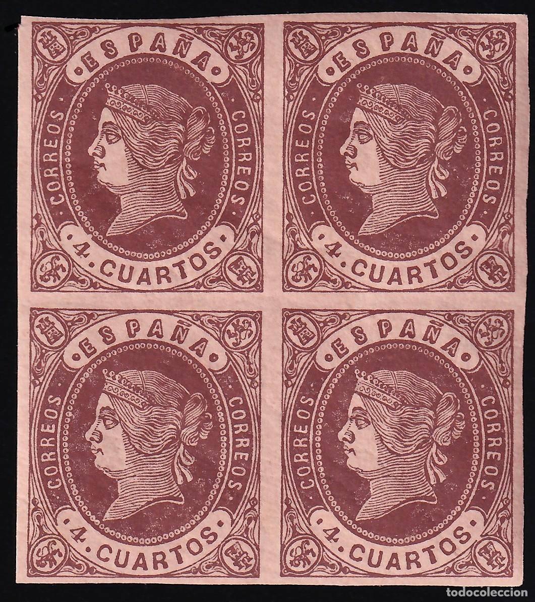 Sellos: ESPA&Ntilde;A, 1862 EDIFIL N&ordm; 58A **/*, 4 cu. casta&ntilde;o s. anteado. [Bloque de Cuatro.]