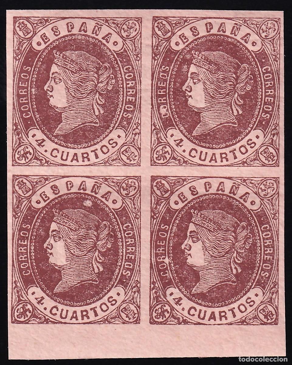 Sellos: ESPA&Ntilde;A, 1862 EDIFIL N&ordm; 58A /**/, 4 cu. casta&ntilde;o s. anteado. [Bloque de cuatro / SIN FIJASELLOS.]