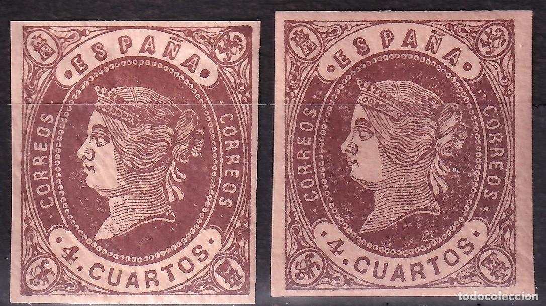 Sellos: ESPA&Ntilde;A, 1862 EDIFIL N&ordm; 58, 58A **/*. 4 cu. casta&ntilde;o s. anteado. [Tipo, I, II.]