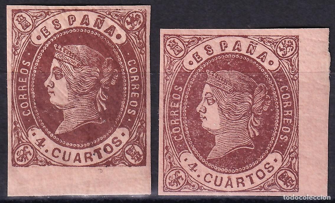 Sellos: ESPA&Ntilde;A, 1862 EDIFIL N&ordm; 58, 58A /**/. 4 cu. casta&ntilde;o s. anteado. [Tipo, I, II. / SIN FIJASELLOS.]