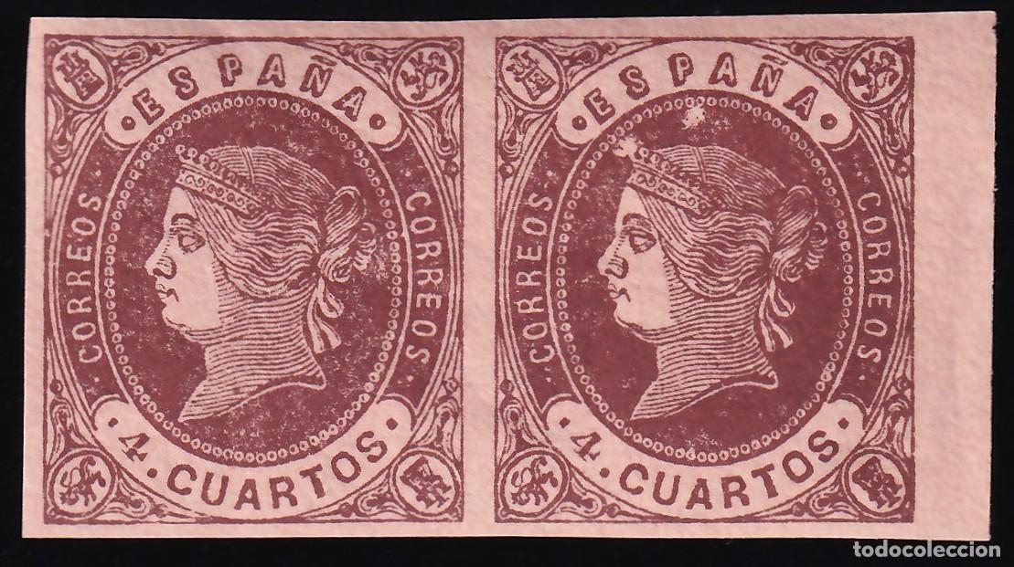 Sellos: ESPA&Ntilde;A, 1862 EDIFIL N&ordm; 58A Tipo II. /**/. 4 cu. casta&ntilde;o s. anteado. [Pareja / SIN FIJASELLOS.]