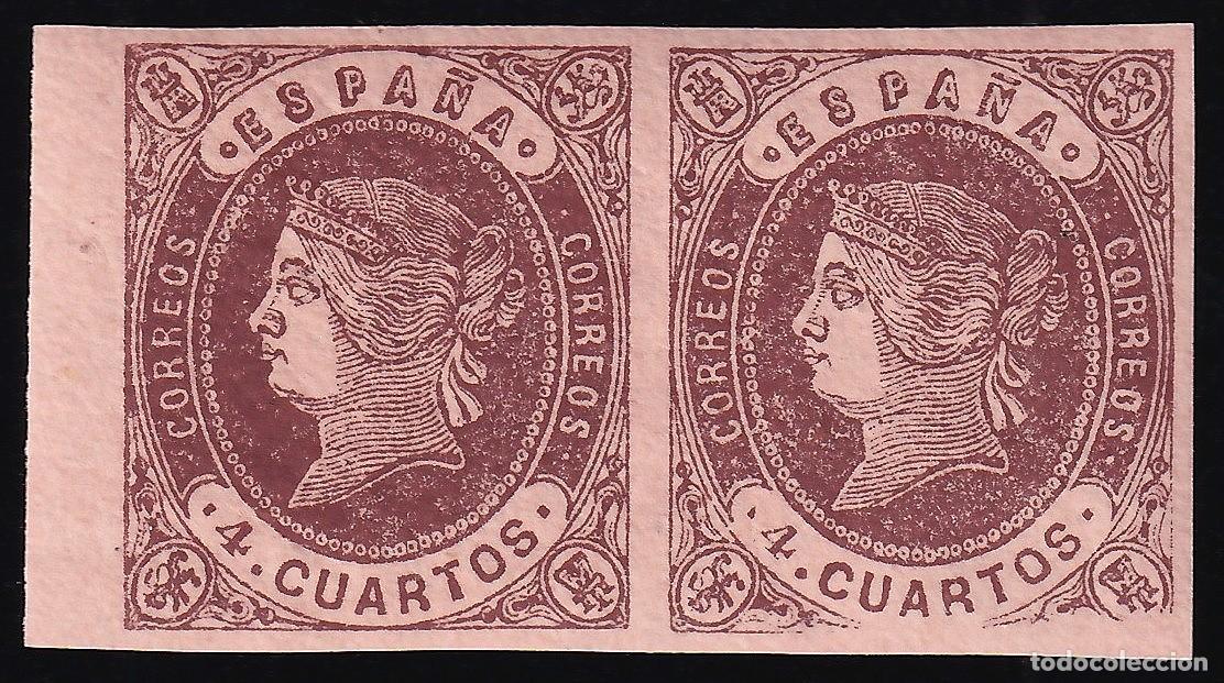 Sellos: ESPA&Ntilde;A, 1862 EDIFIL N&ordm; 58A Tipo II. /**/. 4 cu. casta&ntilde;o s. anteado. [Pareja / SIN FIJASELLOS.]