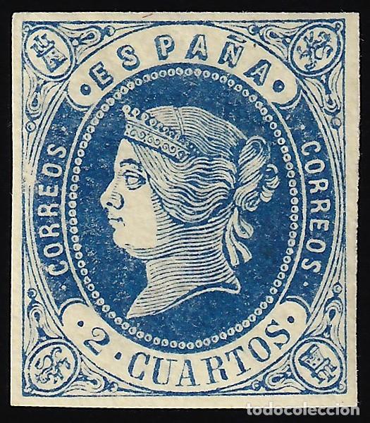 Sellos: ESPA&Ntilde;A, 1862 EDIFIL N&ordm; 57 /*/, 2 cu. azul s. amarillo