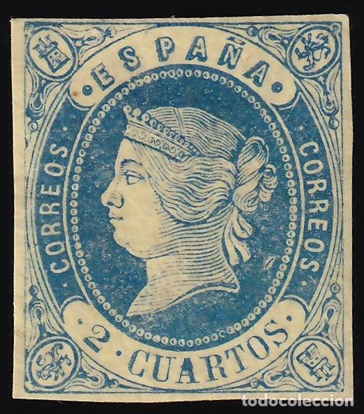 Sellos: ESPA&Ntilde;A, 1862 EDIFIL N&ordm; 57 (*), 2 cu. azul s. amarillo,