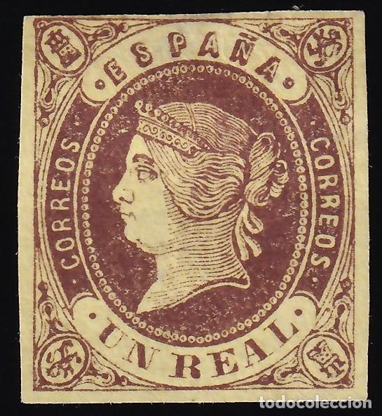Sellos: ESPA&Ntilde;A, 1862 EDIFIL N&ordm; 61 (*), 1 r casta&ntilde;o s. amarillo