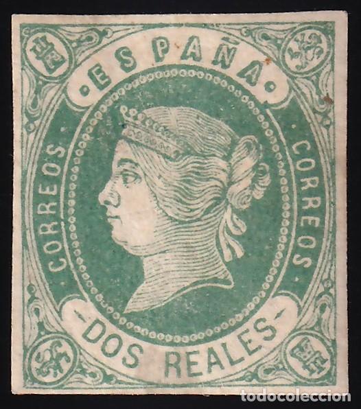 Sellos: ESPA&Ntilde;A, 1862 EDIFIL N&ordm; 62 /*/, 2 r verde s. rosa,