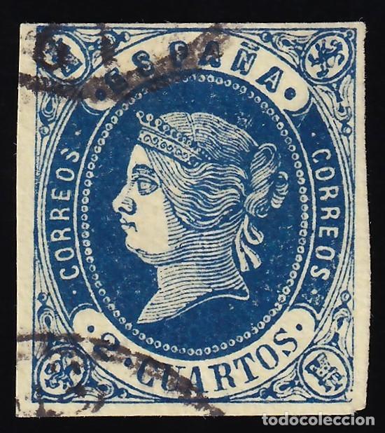 Sellos: ESPA&Ntilde;A, 1862 EDIFIL N&ordm; 57, 2 cu. azul s. amarillo.
