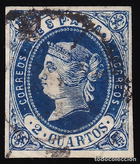 Sellos: ESPA&Ntilde;A, 1862 EDIFIL N&ordm; 57, 2 cu. azul s. amarillo.