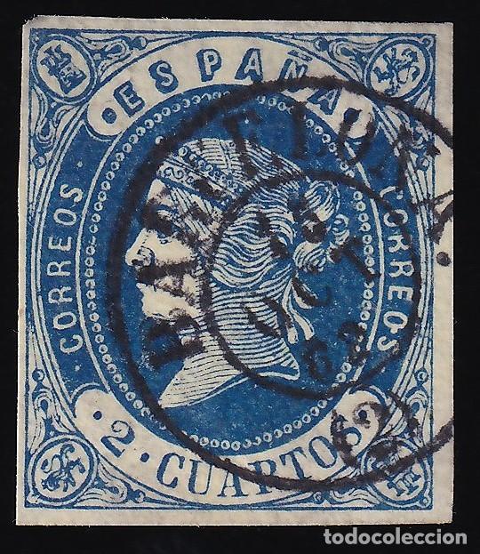Sellos: ESPA&Ntilde;A, 1862 EDIFIL N&ordm; 57, 2 cu. azul s. amarillo. [Mat. Fechador / BARCELONA.]