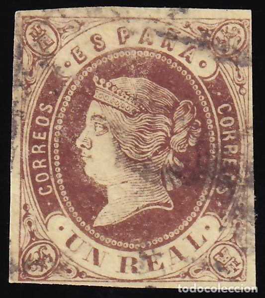 Sellos: ESPA&Ntilde;A, 1862 EDIFIL N&ordm; 61, 1 r casta&ntilde;o s. amarillo
