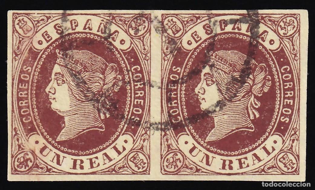Sellos: ESPA&Ntilde;A, 1862 EDIFIL N&ordm; 61, 1 r casta&ntilde;o s. amarillo, Pareja