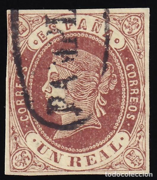 Sellos: ESPA&Ntilde;A, 1862 EDIFIL N&ordm; 61, 1 r casta&ntilde;o s. amarillo, [Marca Prefilat&eacute;lica &rdquo;PAMPLONA&rdquo;]