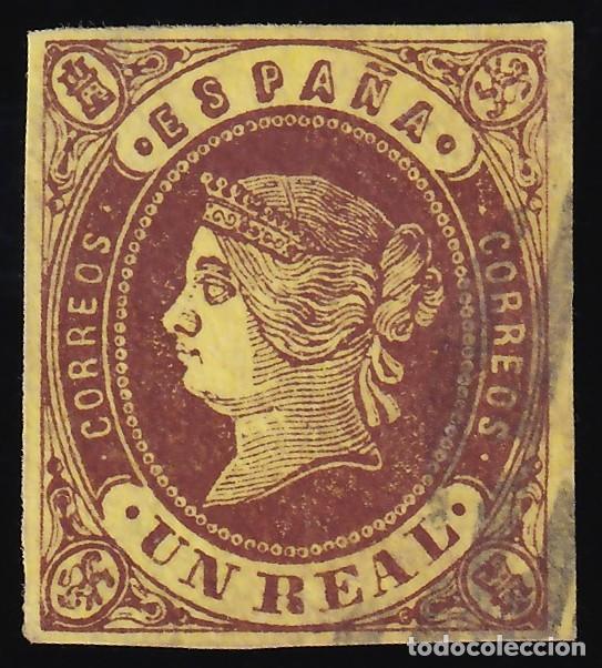 Sellos: ESPA&Ntilde;A, 1862 EDIFIL N&ordm; 61a, 1 r casta&ntilde;o s. amarillo oro,