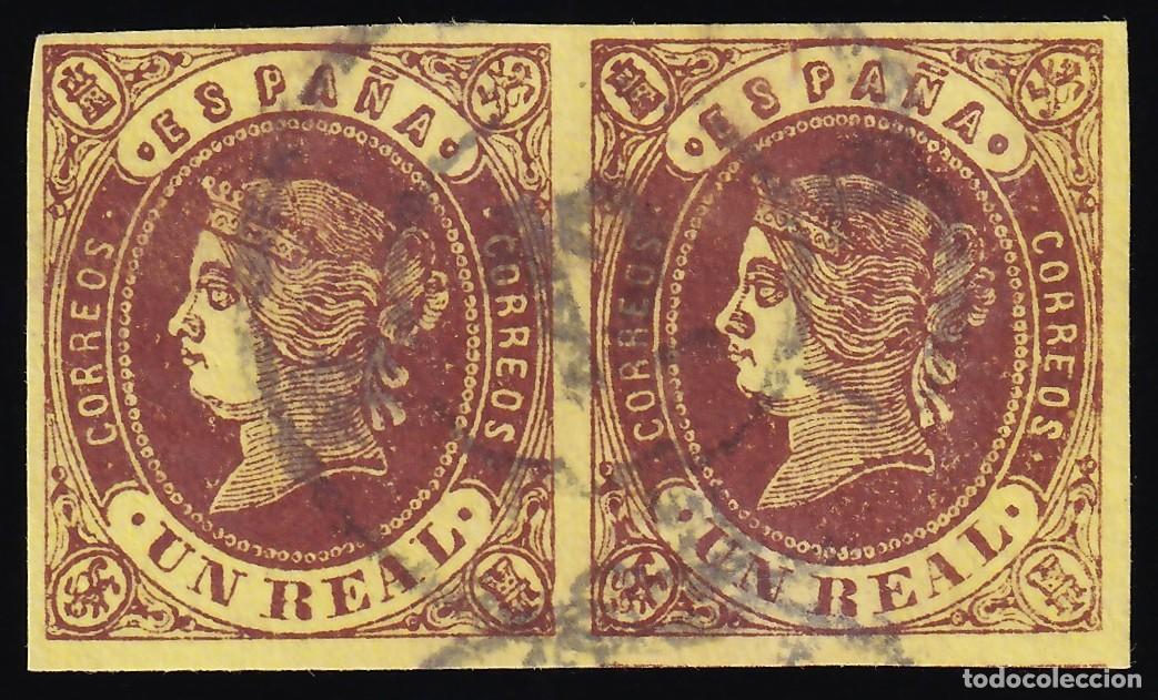 Sellos: ESPA&Ntilde;A, 1862 EDIFIL N&ordm; 61a, 1 r casta&ntilde;o s. amarillo oro,