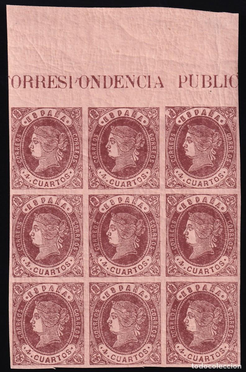 Sellos: ESPA&Ntilde;A, 1862 EDIFIL N&ordm; 58, 4 cu. casta&ntilde;o, [Bloque de nueve, Borde de Hoja, SIN FINASELLOS.]