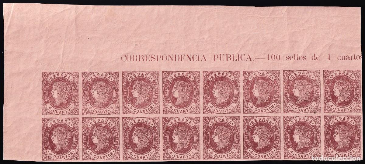 Sellos: ESPA&Ntilde;A, 1862 EDIFIL N&ordm; 58A, 4 cu. casta&ntilde;o, [Bloque de diecseis, Esquina del pliego,]