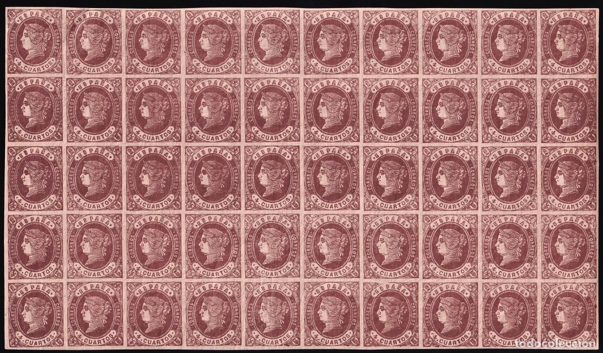 Sellos: ESPA&Ntilde;A, 1862 EDIFIL N&ordm; 58A, 4 cu. casta&ntilde;o, [Bloque de cincuenta,]