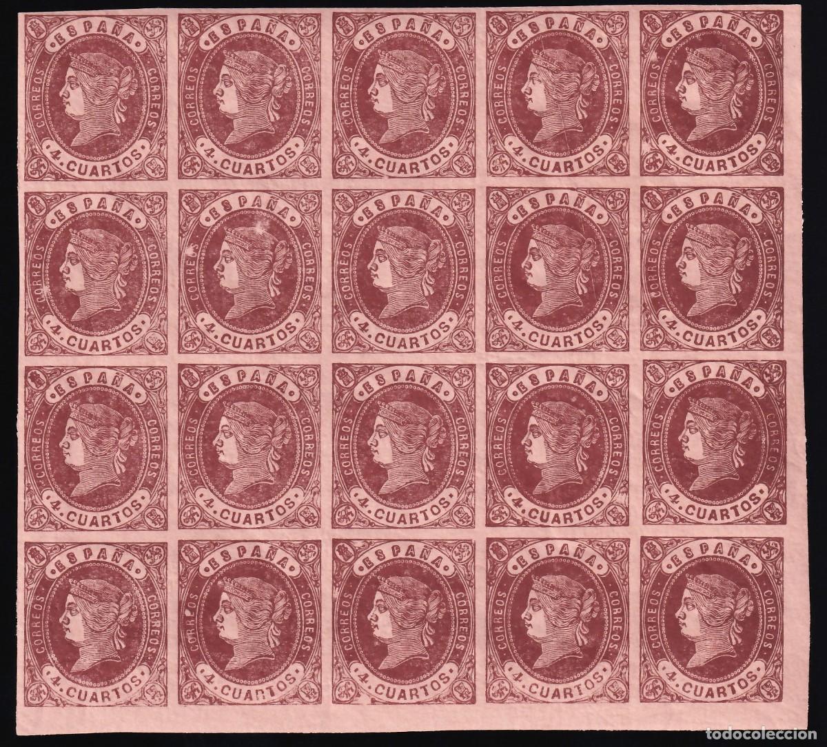 Sellos: ESPA&Ntilde;A, 1862 EDIFIL N&ordm; 58A /**/, 4 cu. casta&ntilde;o, [Bloque de veinte, SIN FIJASELLOS,]
