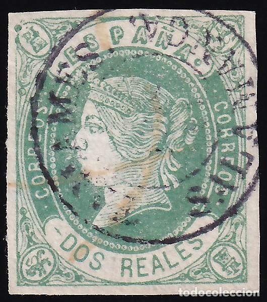 Sellos: ESPA&Ntilde;A, 1862 EDIFIL N&ordm; 62, 2 r verde, [Mat. Fechador.]