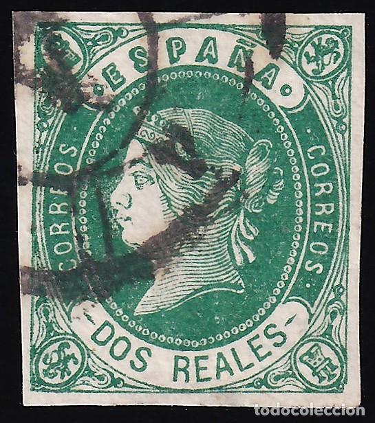 Sellos: ESPA&Ntilde;A, 1862 EDIFIL N&ordm; 62a, 2 r verde oscuro, [Mat. Rueda de carreta.]