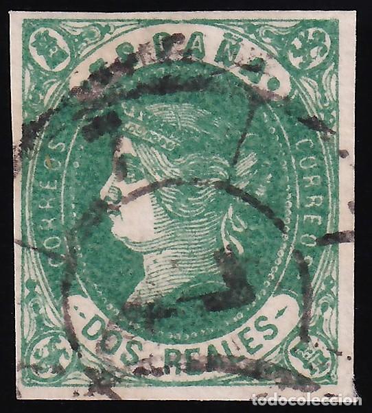 Sellos: ESPA&Ntilde;A, 1862 EDIFIL N&ordm; 62a, 2 r verde oscuro, [Mat. Rueda de carreta.]