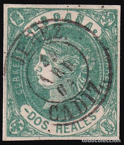 Sellos: ESPA&Ntilde;A, 1862 EDIFIL N&ordm; 62a, 2 r verde oscuro, [Mat. Fechador.]