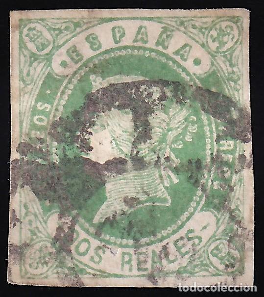 Sellos: ESPA&Ntilde;A, 1862 EDIFIL N&ordm; 62b, 2 r verde amarillo.