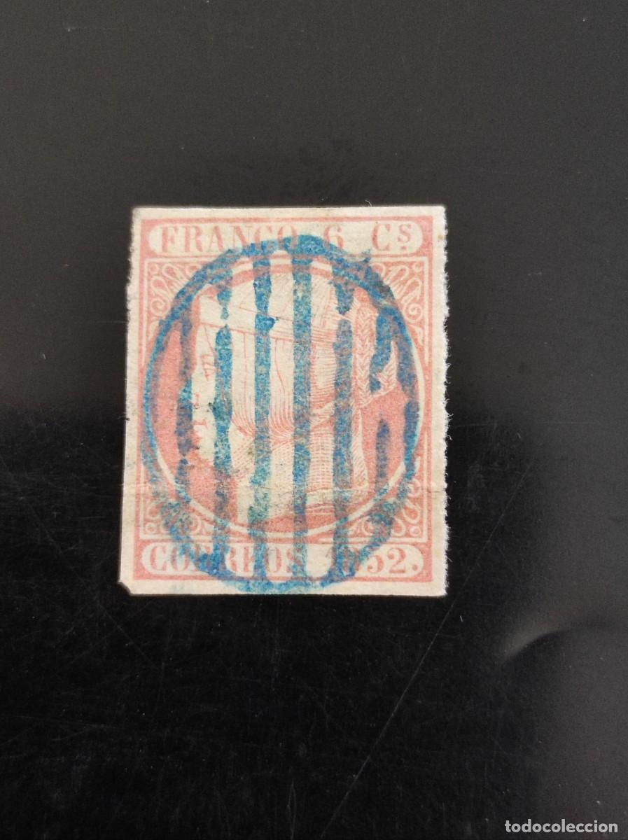Sellos: ESPA&Ntilde;A .1852 .E- 12. ISABEL II MATASELLADO PARRILLA AZUL. 817
