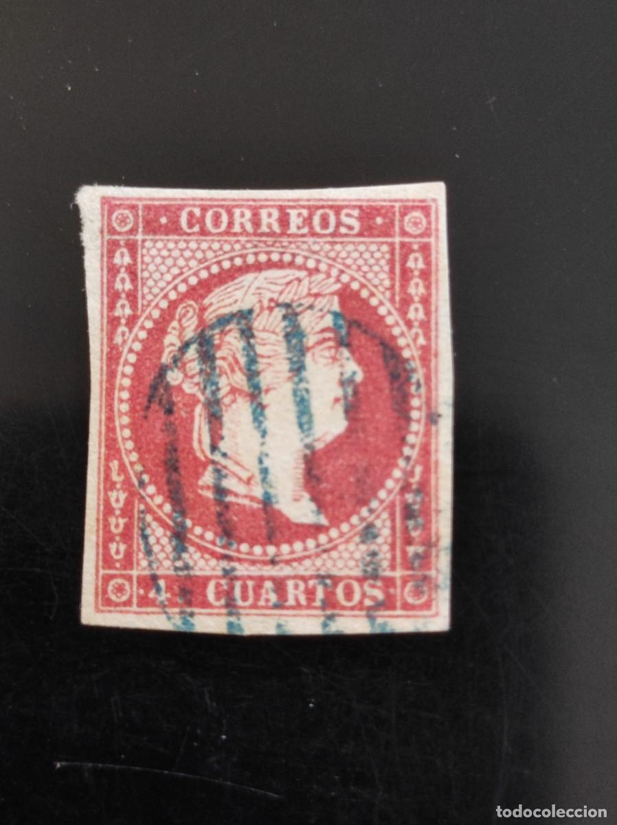 Sellos: ESPA&Ntilde;A .1855 .E- 48. ISABEL II MATASELLADO PARRILLA AZUL. 818