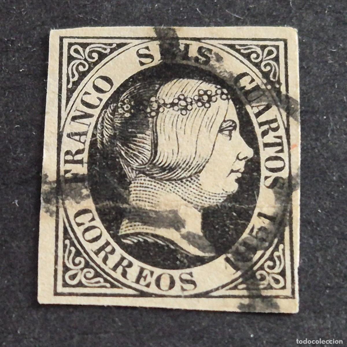 Sellos: ESPA&Ntilde;A, 1851, ISABEL II, EDIFIL 6, MATASELLO ARA&Ntilde;A NEGRA, DOBLEZ, ( LOTE AR )